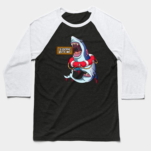 Bite Me Zombie Shark Baseball T-Shirt by Trendy Black Sheep